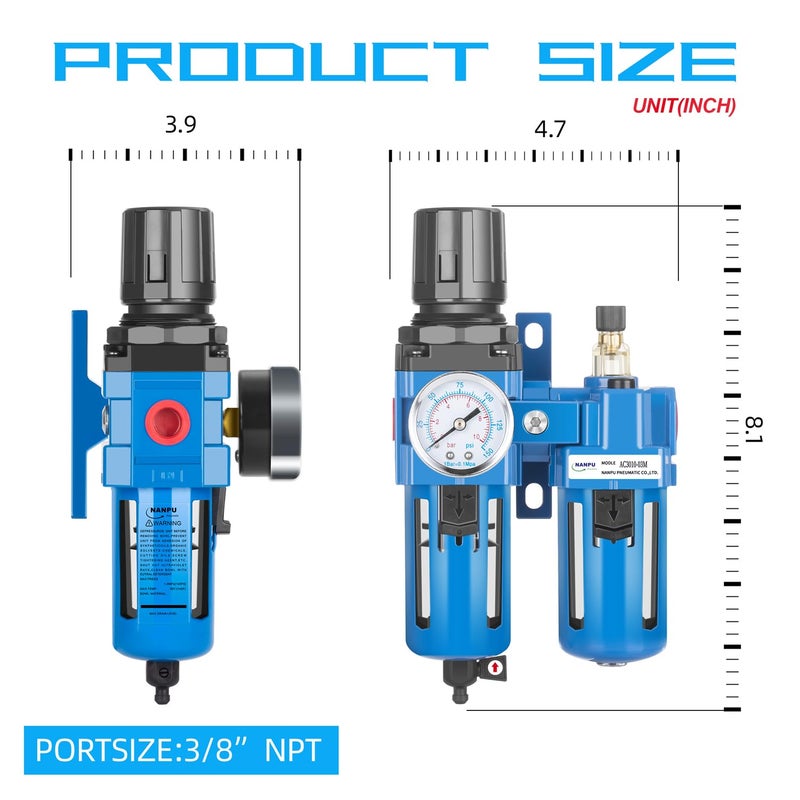 NANPU 3/8" NPT Compressed Air Filter Regulator Lubricator Combo, Water/Oil Trap Separator - Gauge(0-150 psi), Poly Bowl, Manual Drain, Bracket - AC3010-03M - Image 5